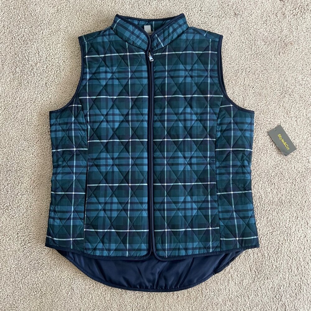 NWT Style & Co. Women's Quilted Mock-Neck Vest, Petite Medium, Indigo Plaid